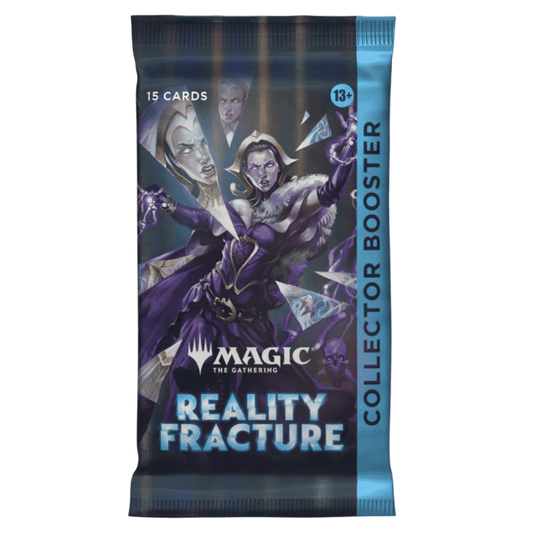 Magic: The Gathering Reality Fracture collector booster pack featuring purple and blue artwork with the Magic logo and 'Collector Booster' text.
