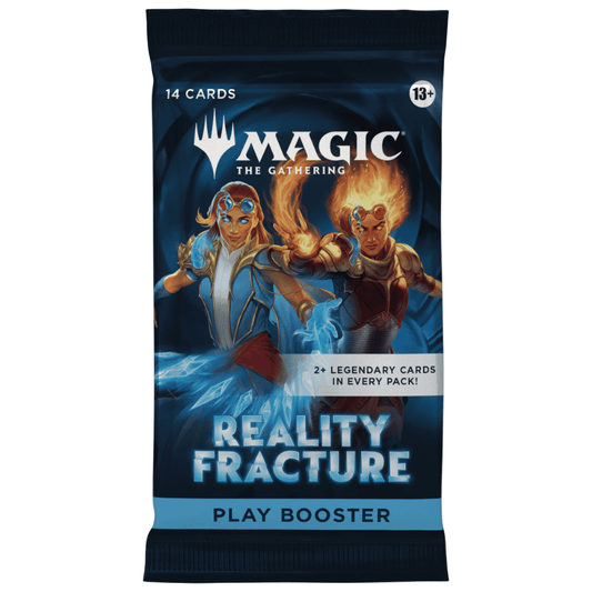 A Magic: The Gathering Reality Fracture Play Booster card pack, featuring artwork of two fantasy characters on a dark blue background with the Magic logo and product title visible.