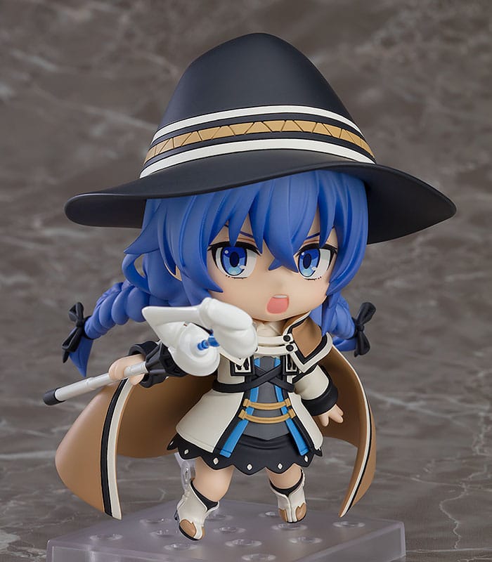 Roxy Migurdia Nendoroid casting a spell with staff held forward, open-mouthed determined face