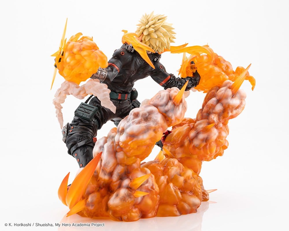 Katsuki Bakugo Final Season Ver. figure from the right, bursting through orange explosion clouds