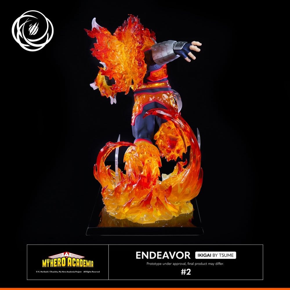 Rear view of the Tsume IKIGAI Endeavor statue rising from a column of fire