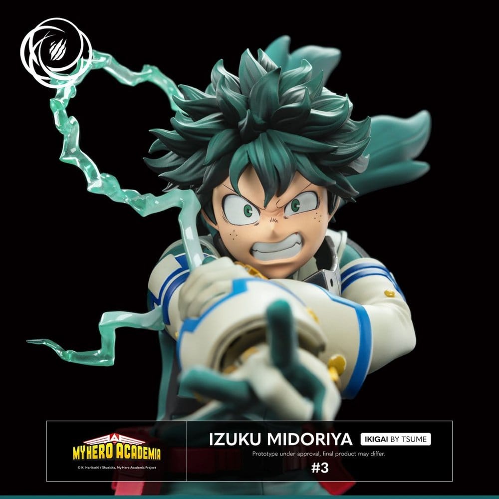 Close-up of Izuku Midoriya's determined face and crackling lightning on the Tsume statue