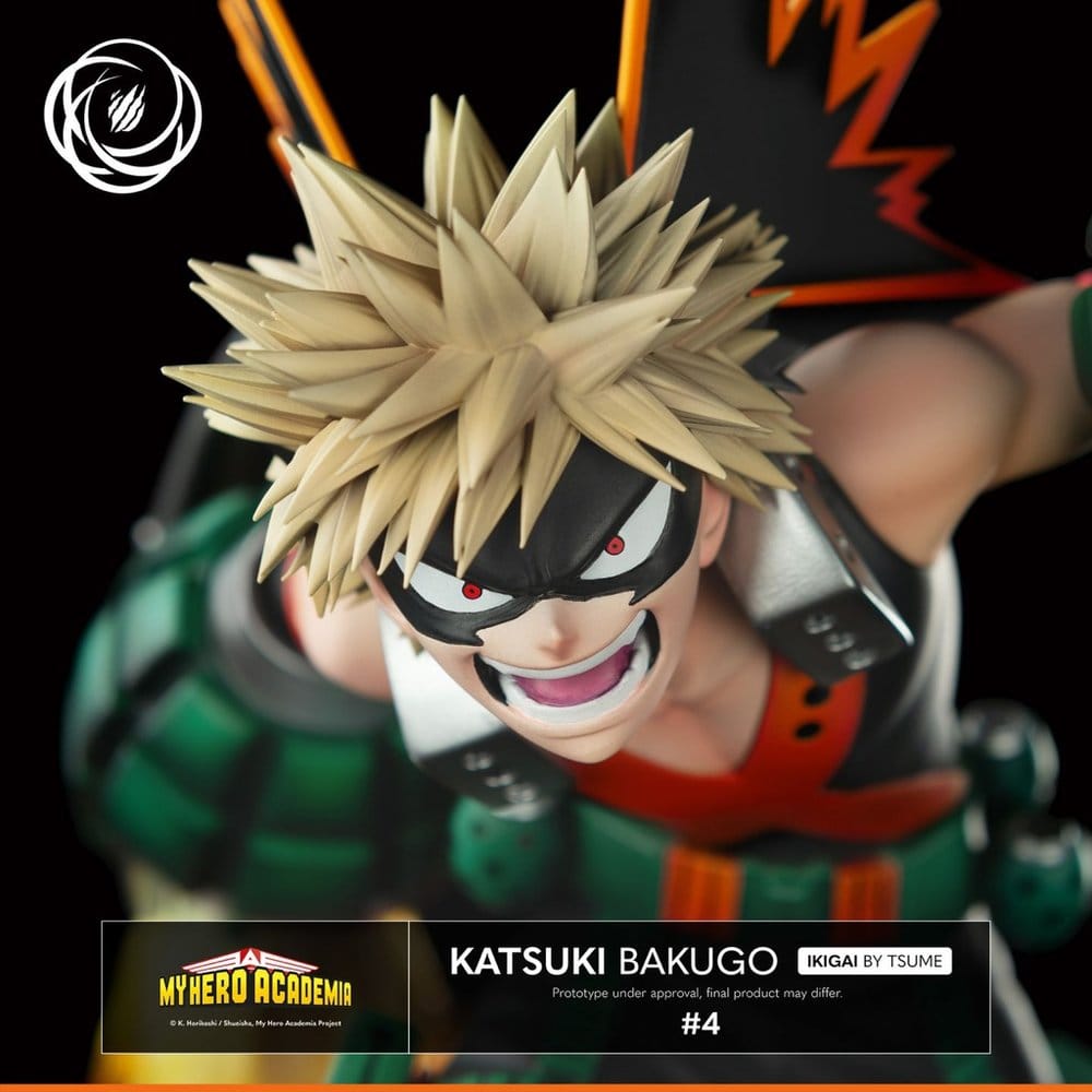 Close-up of Katsuki Bakugo's grinning face and spiky blond hair on the Tsume statue