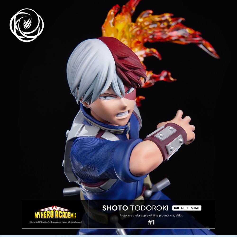 Close-up of Shoto Todoroki's red and white hair and flames on the Tsume IKIGAI statue