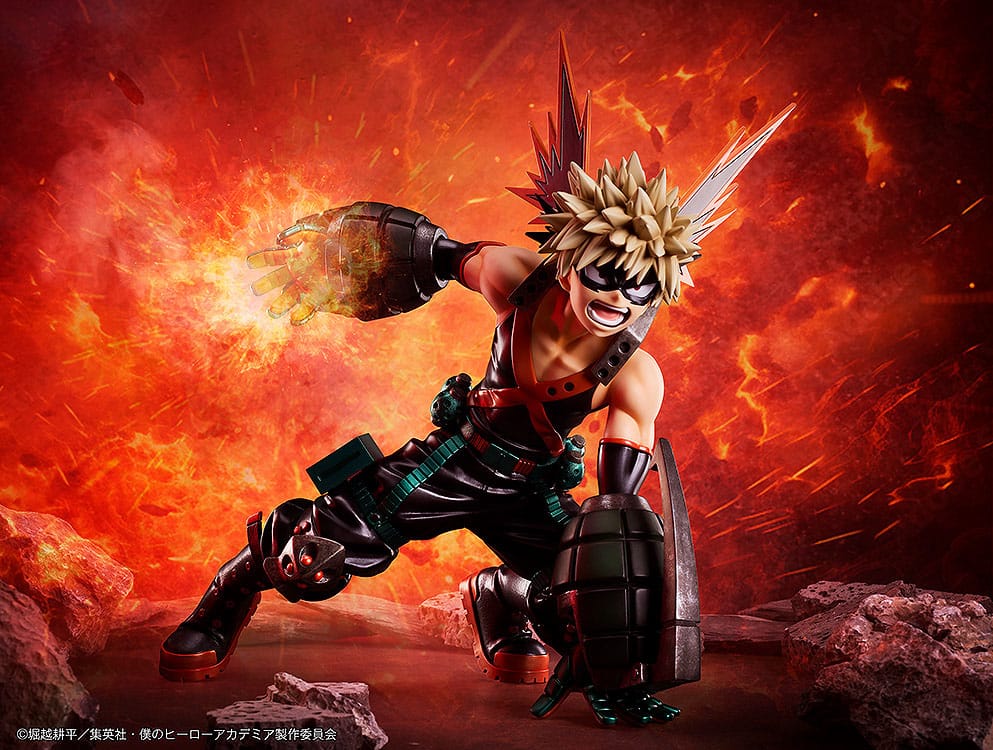 Katsuki Bakugo 1/4 statue in battle pose against an explosive fiery backdrop
