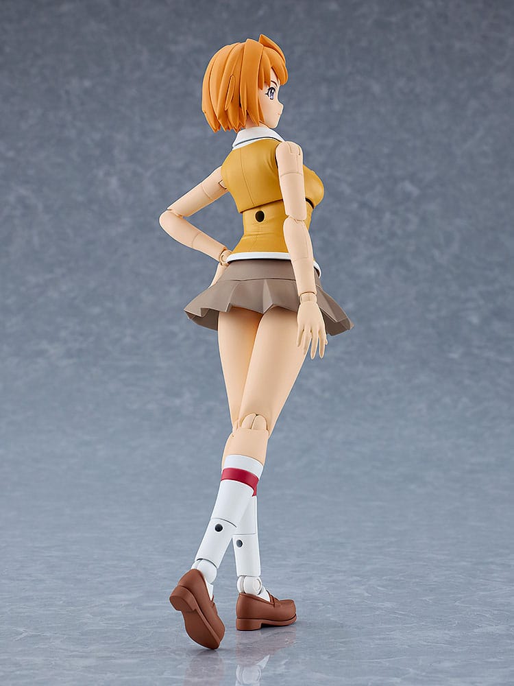 Rear view of the built Mai Tokiha PLAMATEA model kit in yellow top and pleated skirt