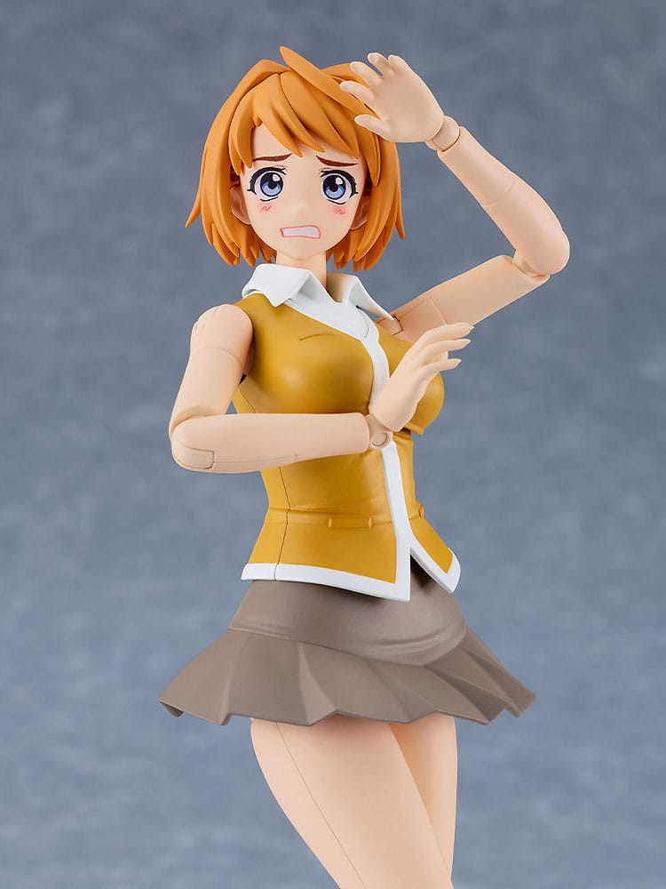 Close-up of the Mai Tokiha PLAMATEA kit with startled faceplate, hand raised to her head