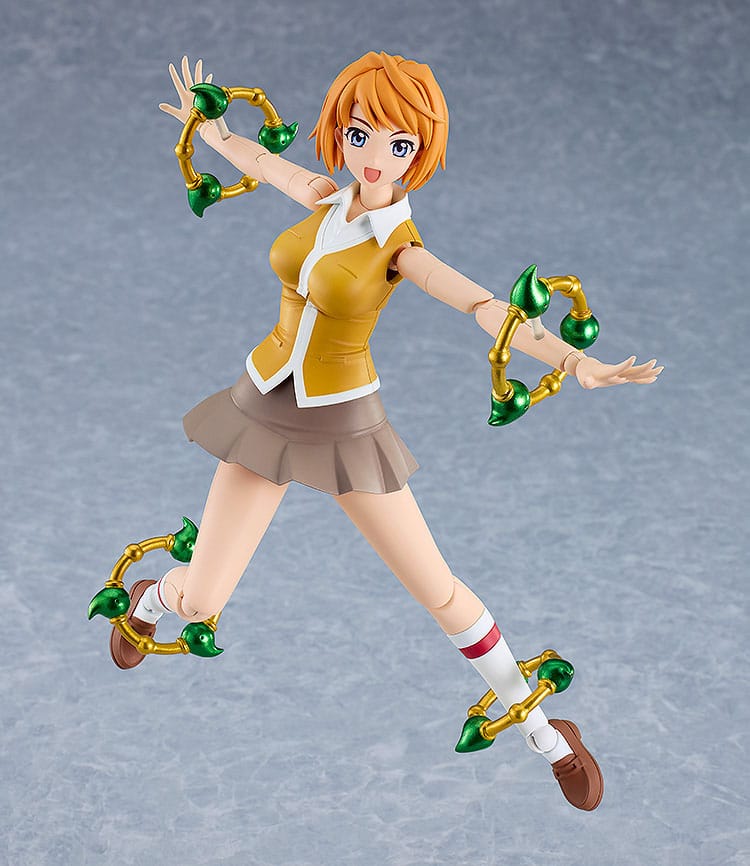 Mai Tokiha PLAMATEA model kit in a dynamic leaping pose with element rings