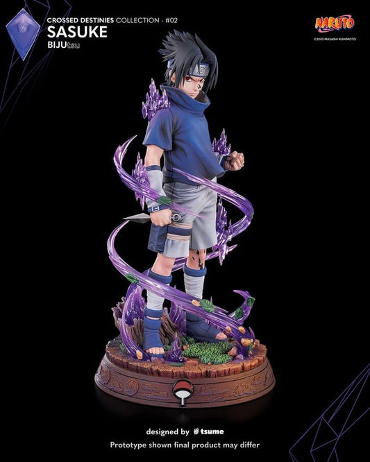 Tsume Bijutsu Sasuke statue from Naruto with purple energy swirling round him, front view