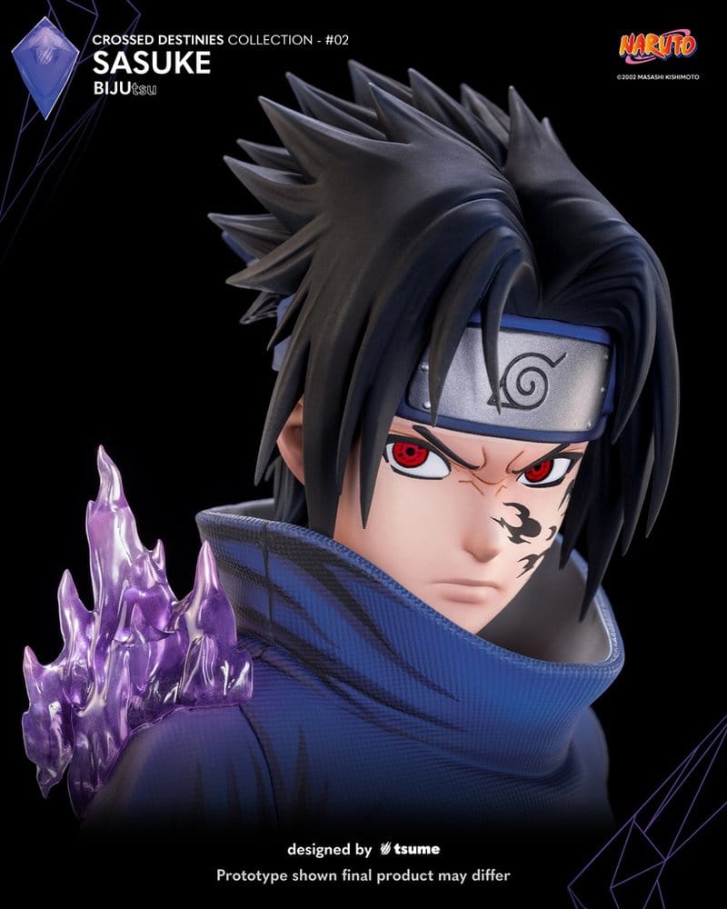 Close-up of Sasuke's face, headband and red Sharingan eyes on the Tsume Bijutsu statue