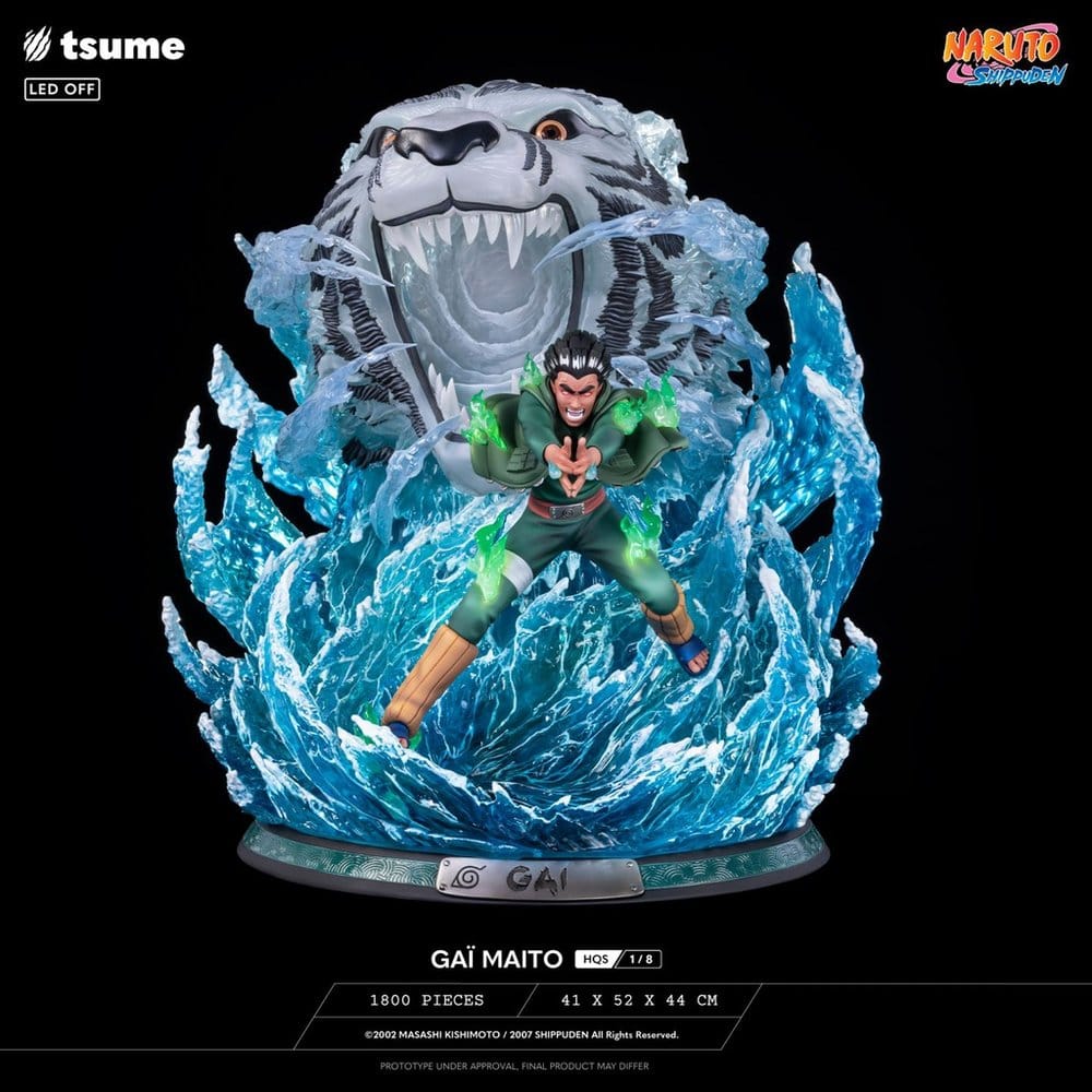 Tsume Naruto Gai Maito statue with LEDs off, tiger head and chakra wave behind him
