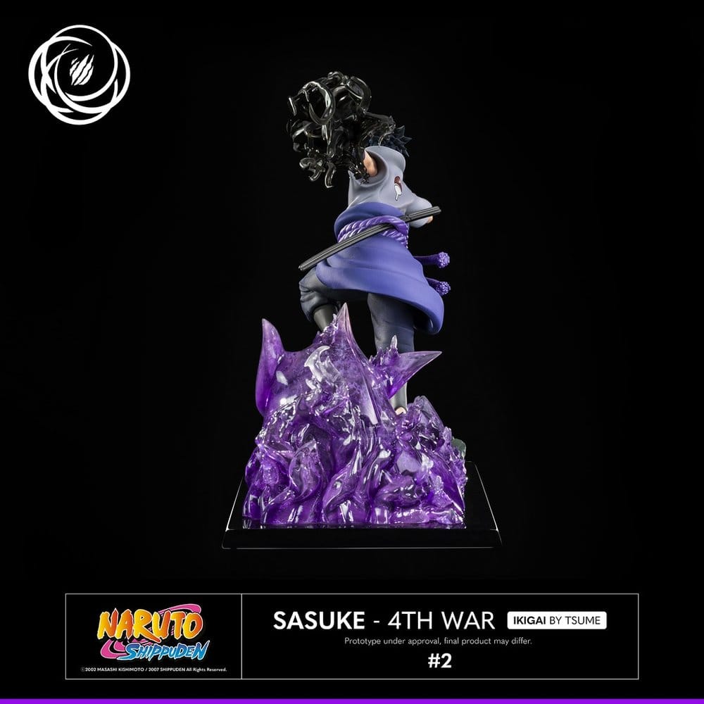 Rear view of the Tsume IKIGAI Sasuke statue showing his cloak and purple energy base