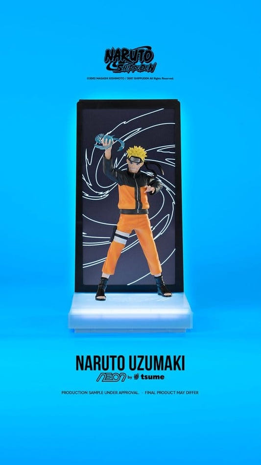 Tsume NEON Naruto Uzumaki 1/9 figure with swirl backdrop and lit base, front view