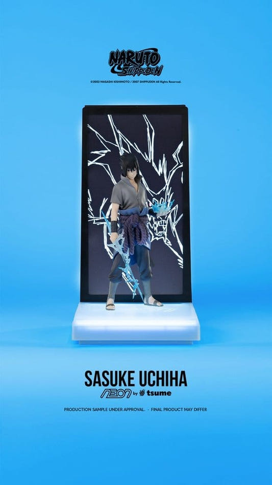 Tsume NEON Naruto Sasuke Uchiha 1/9 figure with lightning backdrop and lit base, front view