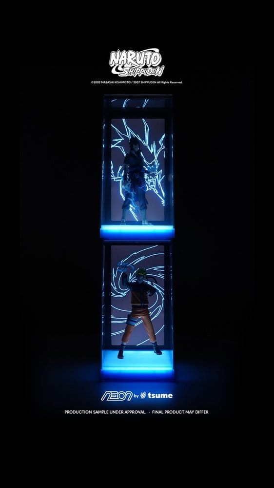 Sasuke Uchiha and Naruto Uzumaki Tsume NEON figures stacked and lit blue in the dark