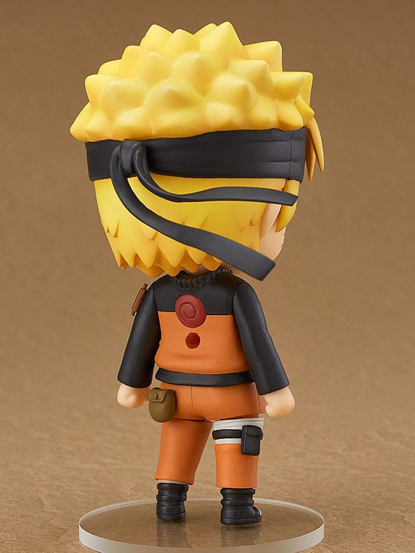 Rear view of Naruto Uzumaki Nendoroid showing headband ties and Uzumaki swirl on his jacket