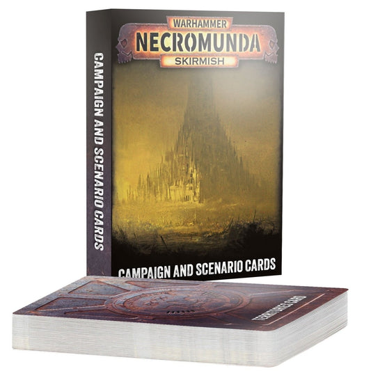 Warhammer Necromunda Skirmish campaign and scenario cards shown as a boxed set with one deck fanned in front on a white background.