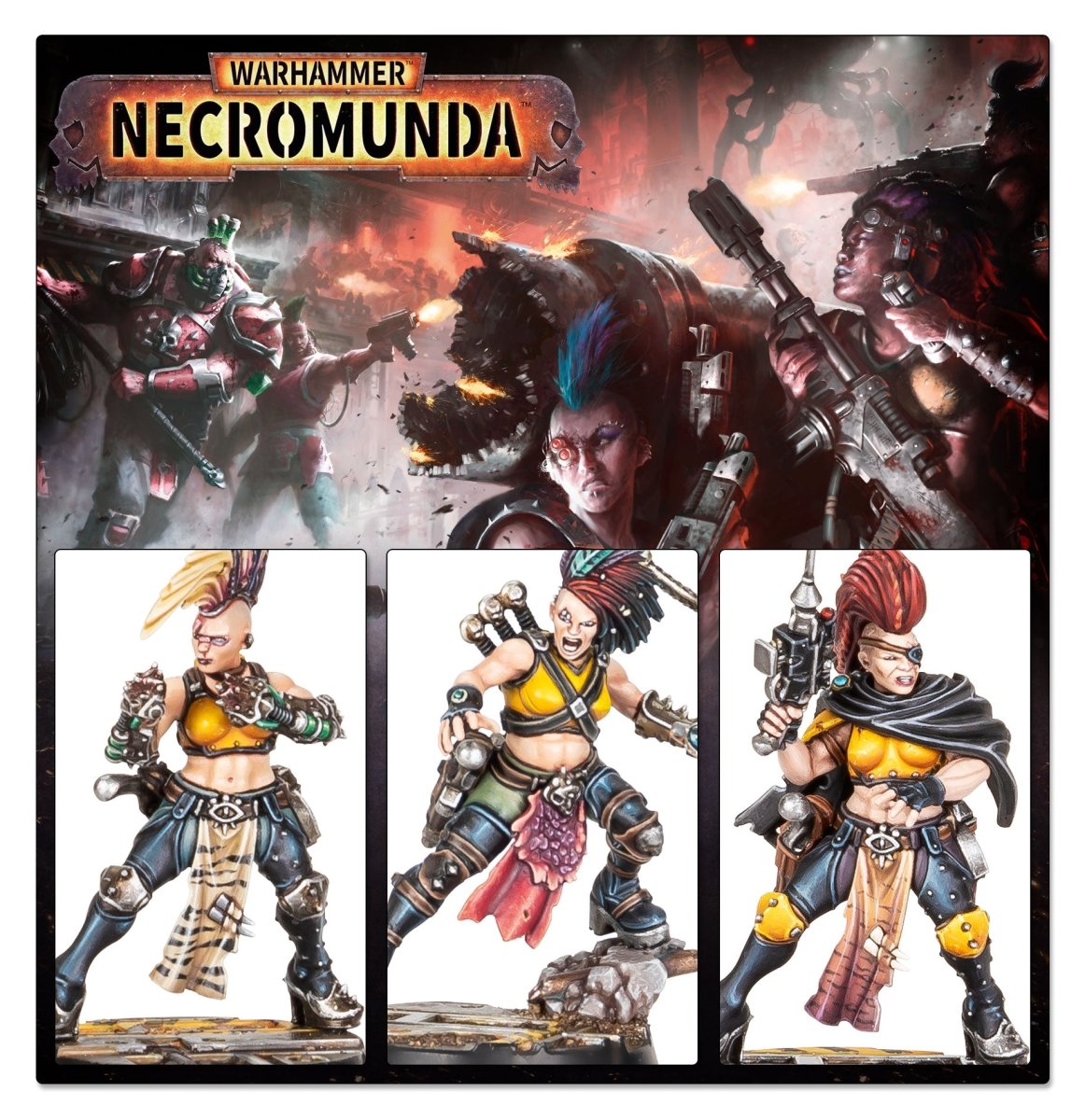 Necromunda Escher Blades of the Matriarch artwork above three painted Escher fighters