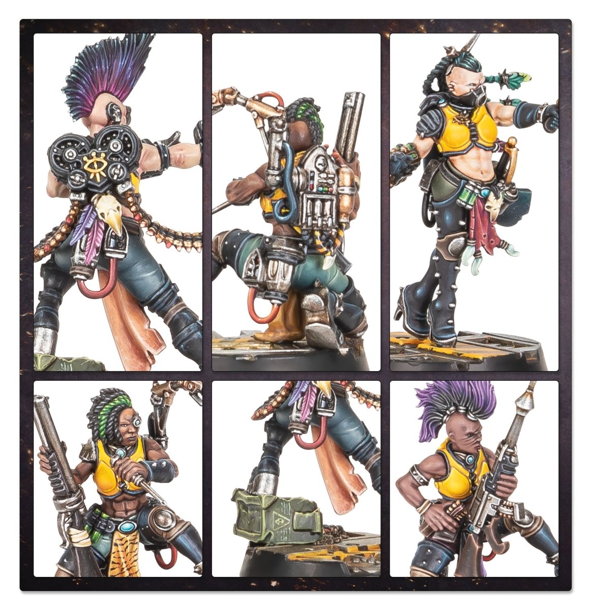 Close-ups of six painted Necromunda Escher Blades of the Matriarch gang fighters