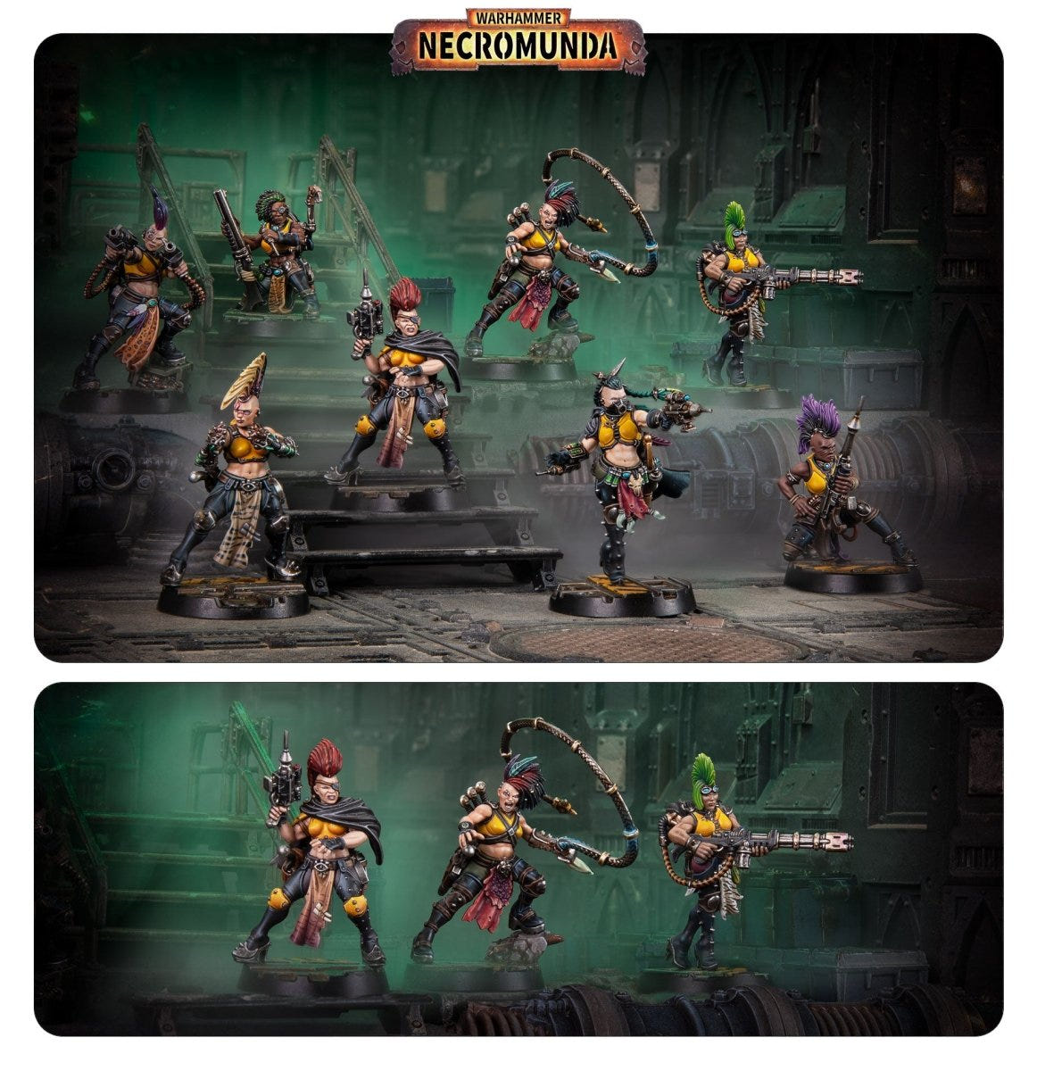Painted Necromunda Escher Blades of the Matriarch gang of eight on an underhive battlefield