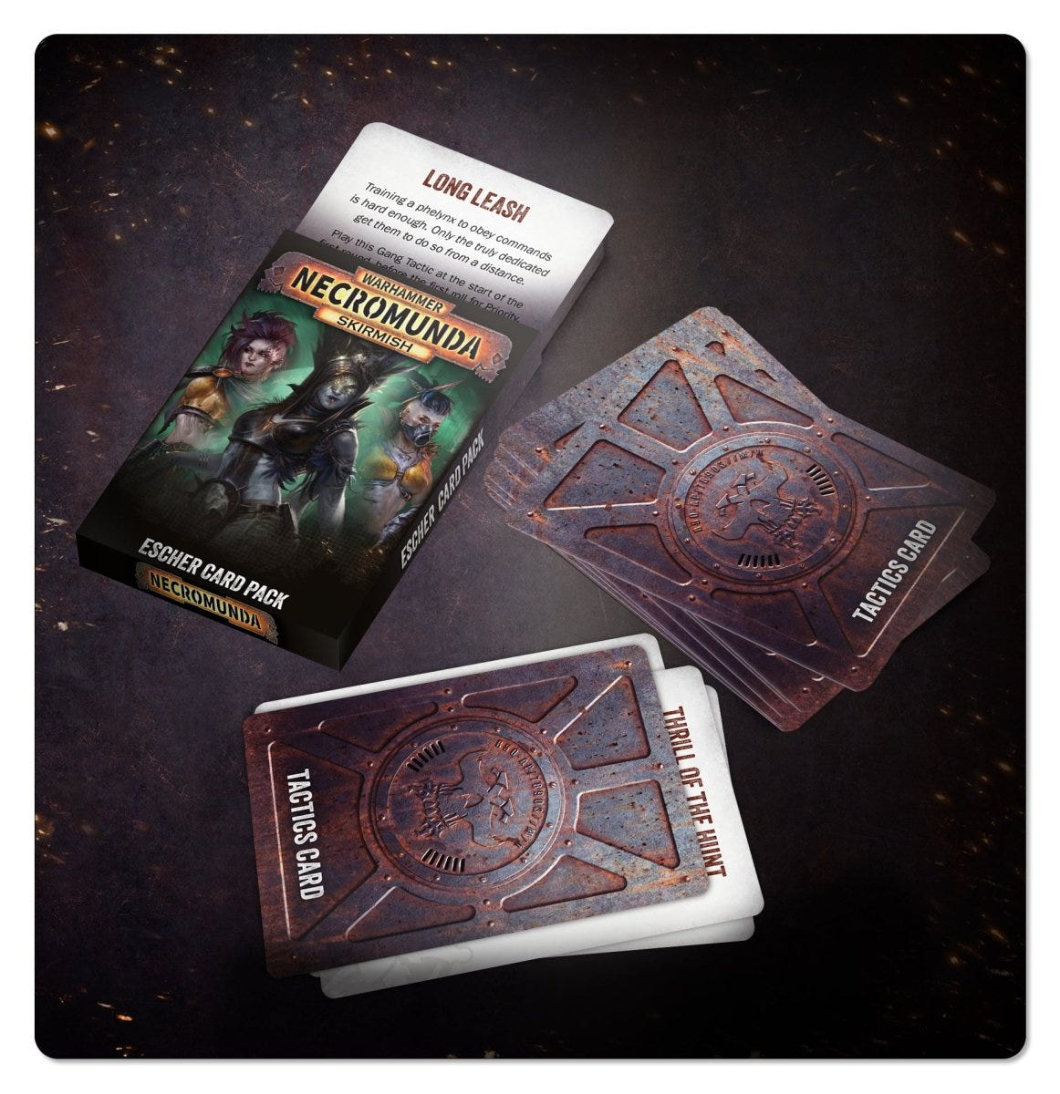 Necromunda Escher Card Pack box with tactics cards fanned out on a dark surface