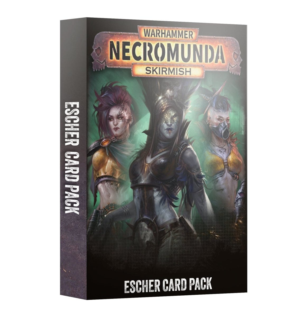 Front of the Necromunda Escher Card Pack box showing painted Escher gang fighters