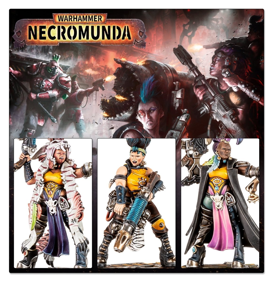 Necromunda gang battle artwork above three painted Escher Matriarch miniatures