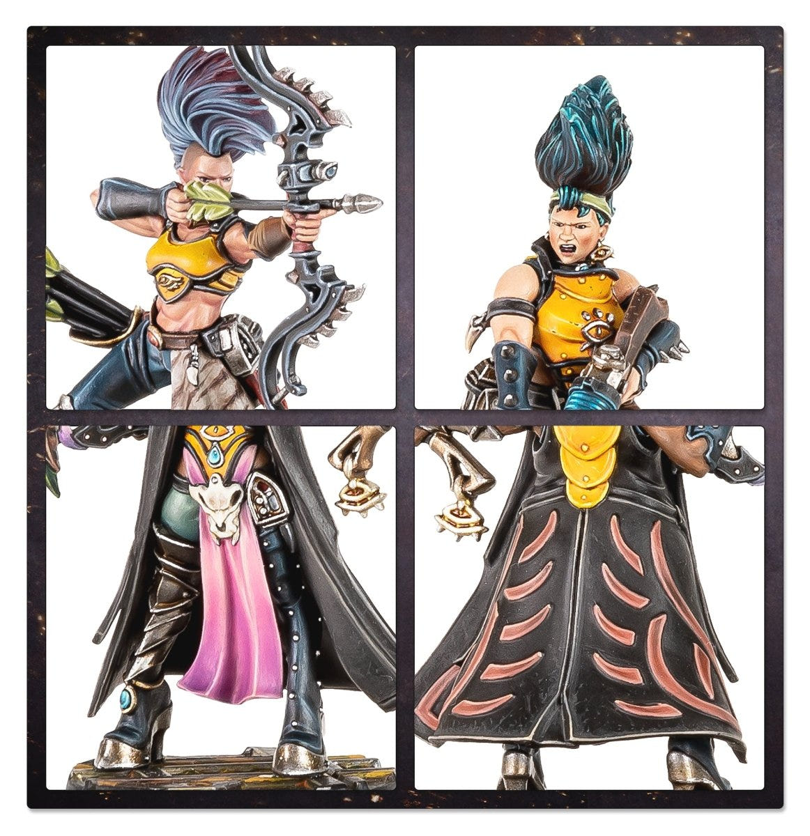 Close-up panels of painted Escher Matriarchs with a bow and long pink and black robes