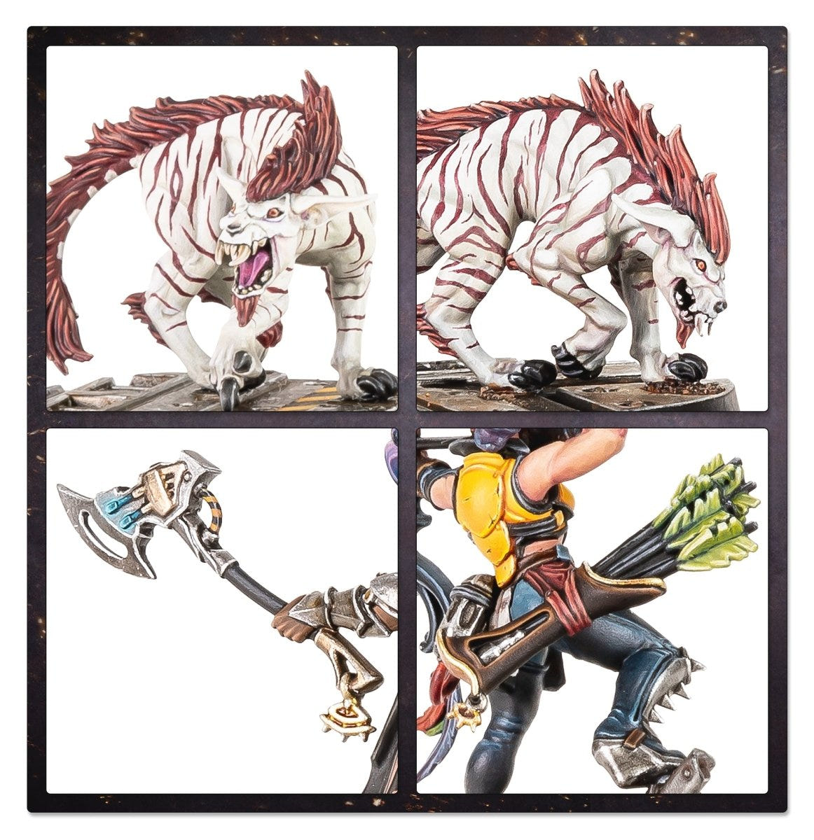 Close-up panels of a snarling Phyrr Cat and an Escher's axe and arrows