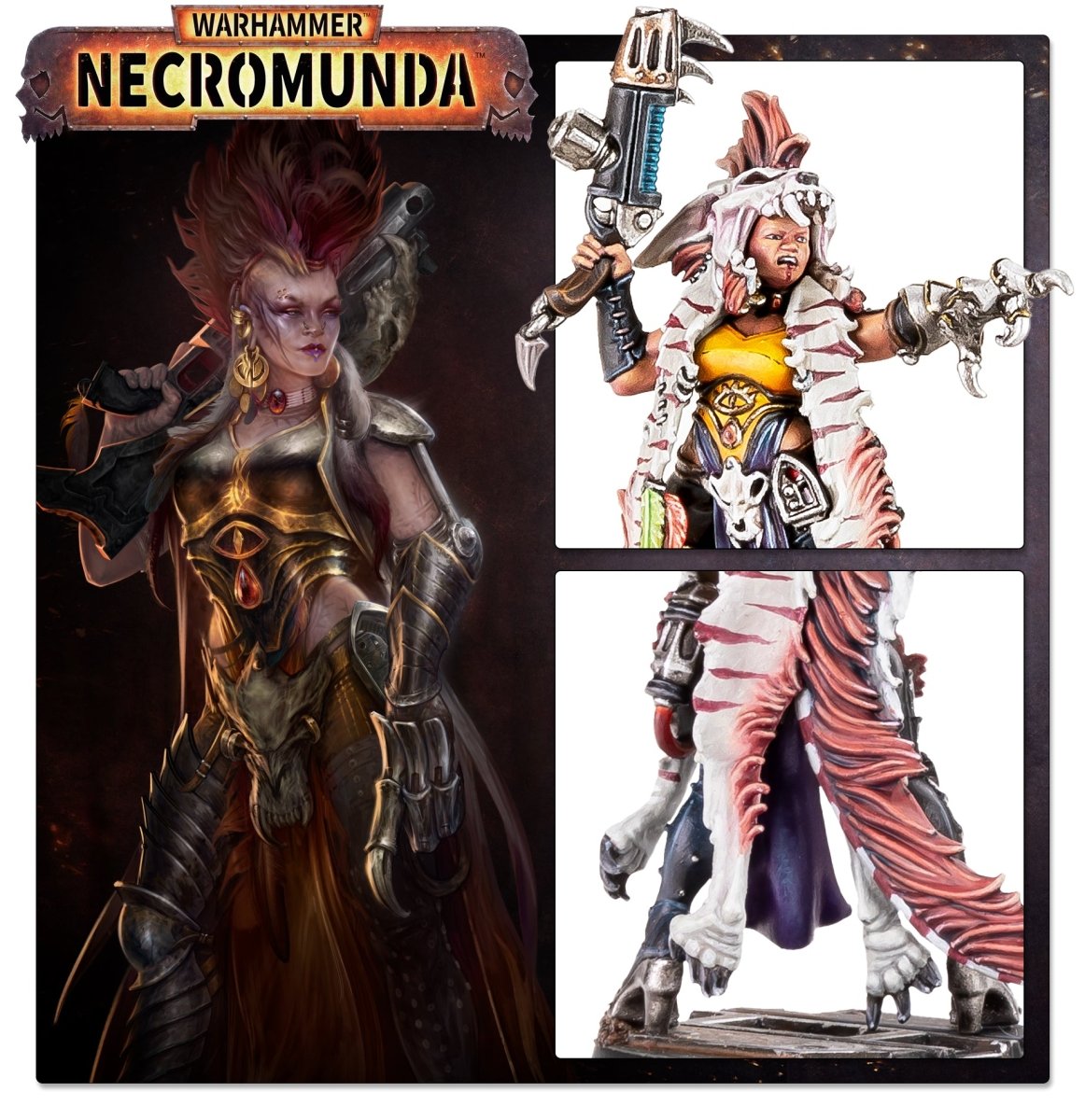 Necromunda Escher Matriarch artwork with close-ups of a painted leader and Phyrr Cat