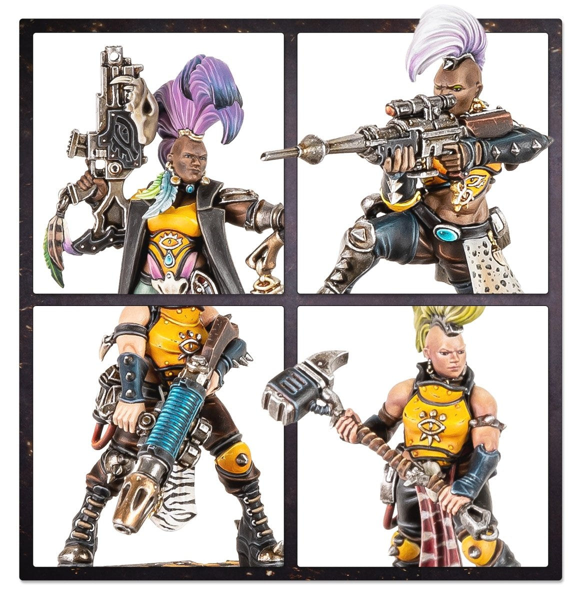Close-up panels of painted Escher gangers with vivid hair and ornate weapons