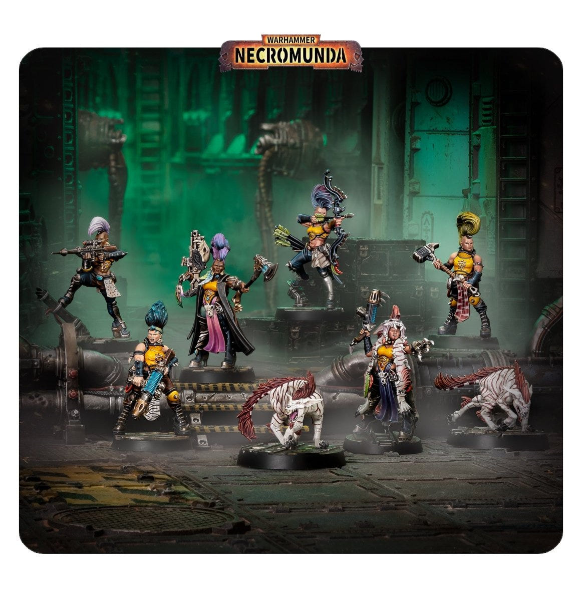 Painted Escher Matriarchs and Phyrr Cats posed on a green-lit Necromunda set