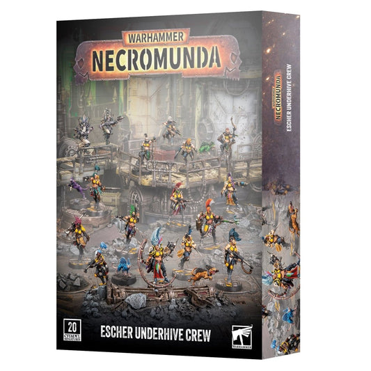 Warhammer Necromunda Escher Underhive Crew box set, showing the front and side packaging with detailed miniature artwork of the crew on a white background.