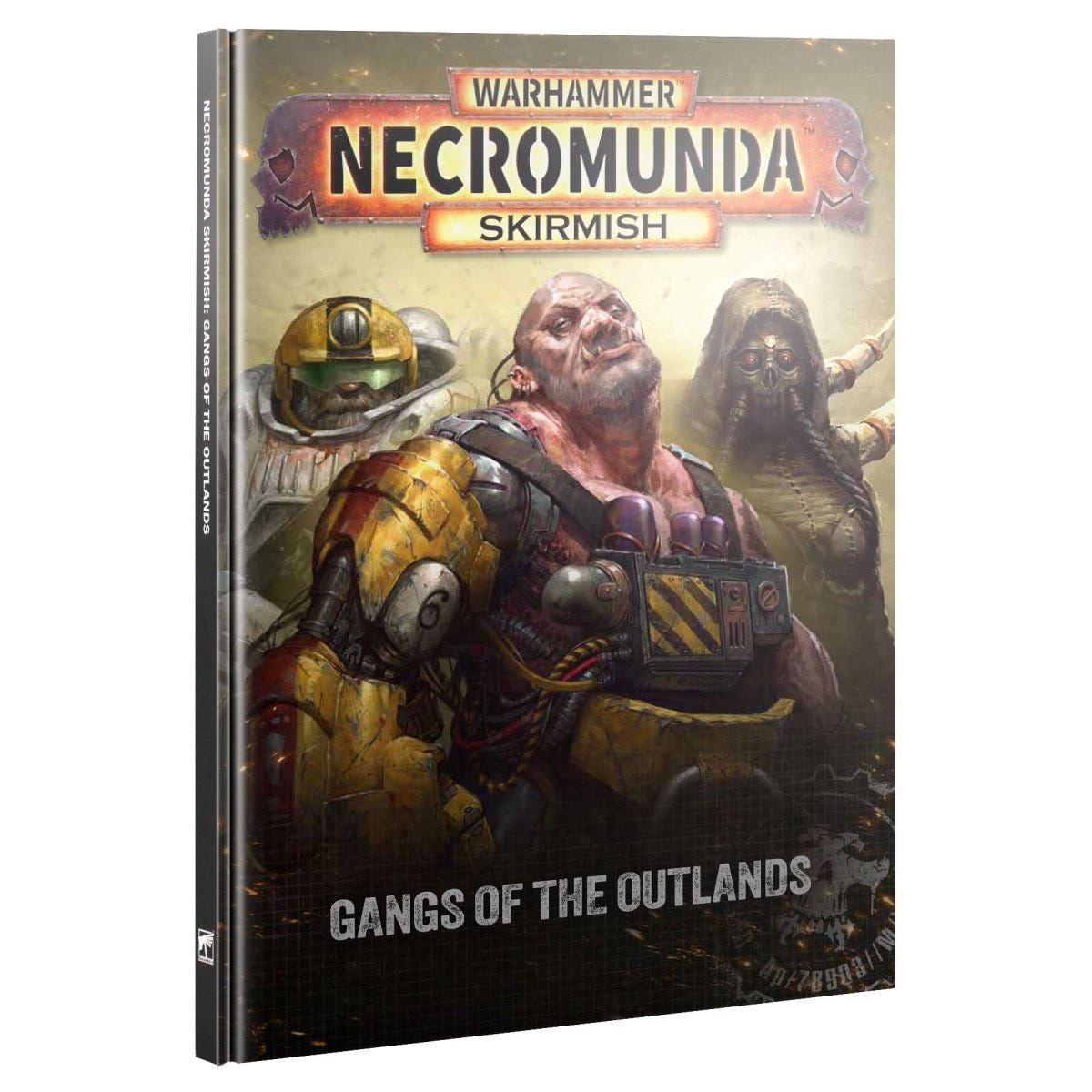 Warhammer Necromunda Skirmish: Gangs of the Outlands tabletop gaming rulebook, featuring a detailed cover illustration of a battle scene with armored soldiers and a zombie-like figure.