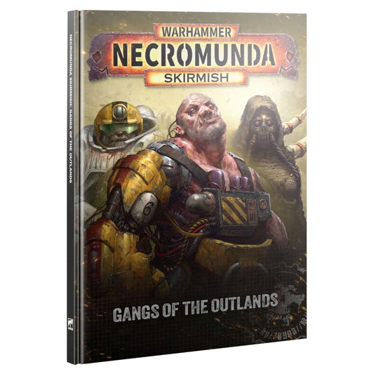 Warhammer Necromunda Skirmish: Gangs of the Outlands tabletop gaming rulebook, featuring a detailed cover illustration of a battle scene with armored soldiers and a zombie-like figure.