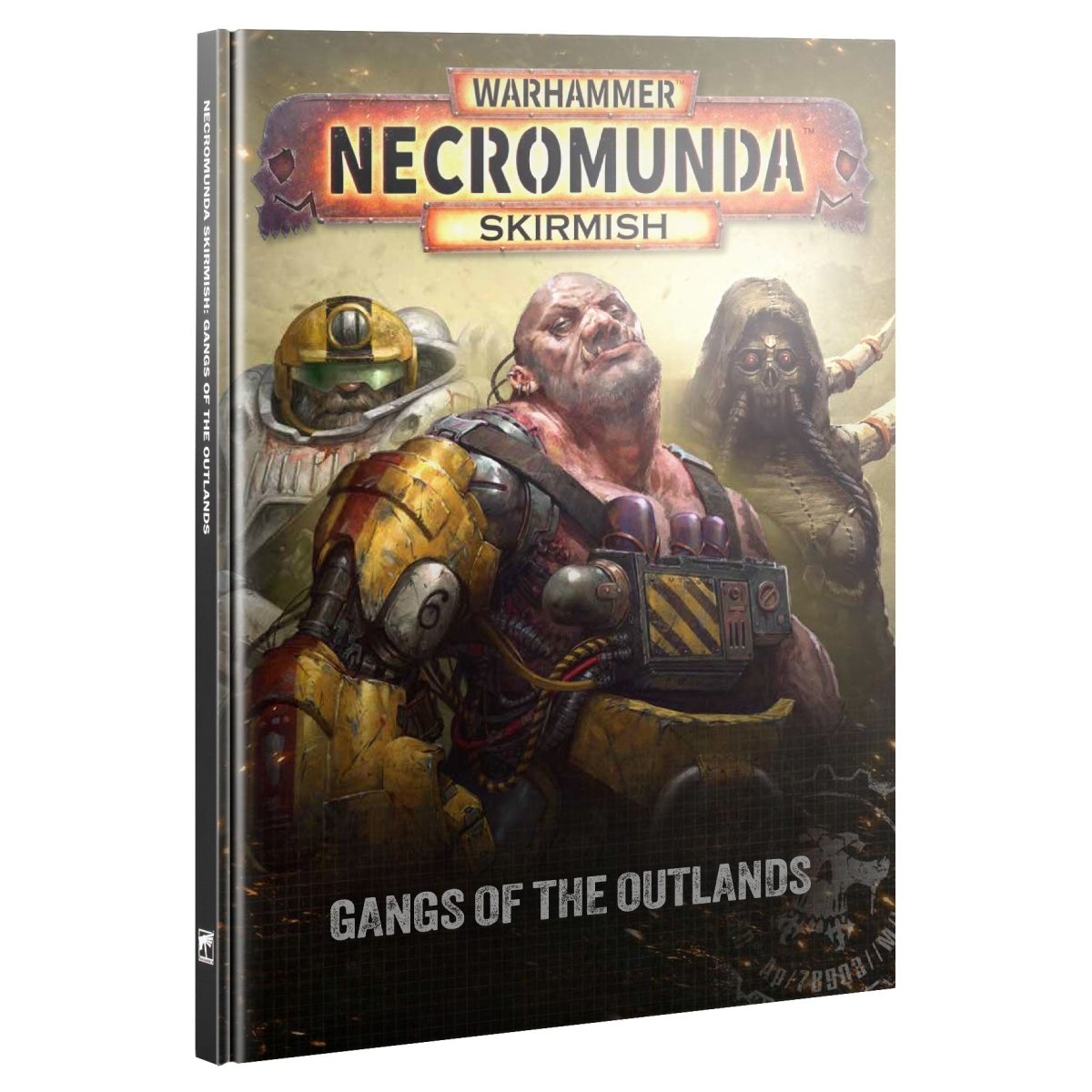 Warhammer Necromunda Skirmish: Gangs of the Outlands tabletop gaming rulebook, featuring a detailed cover illustration of a battle scene with armored soldiers and a zombie-like figure.