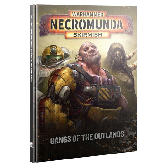 Warhammer Necromunda Skirmish: Gangs of the Outlands tabletop gaming rulebook, featuring a detailed cover illustration of a battle scene with armored soldiers and a zombie-like figure.