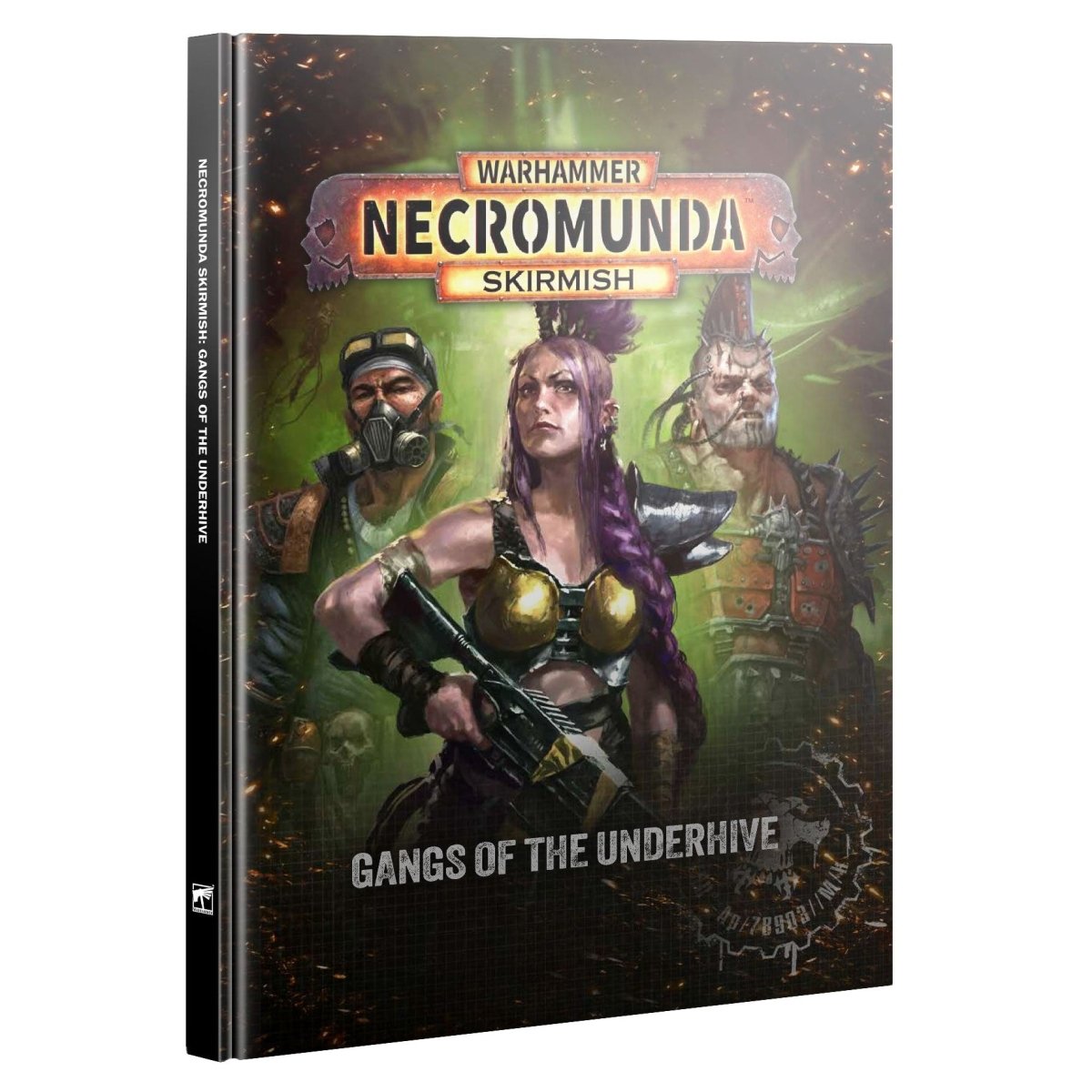 Warhammer 40k Necromunda Skirmish: Gangs of the Underhive tabletop gaming rulebook, shown as a 3D book mockup against a plain white background.