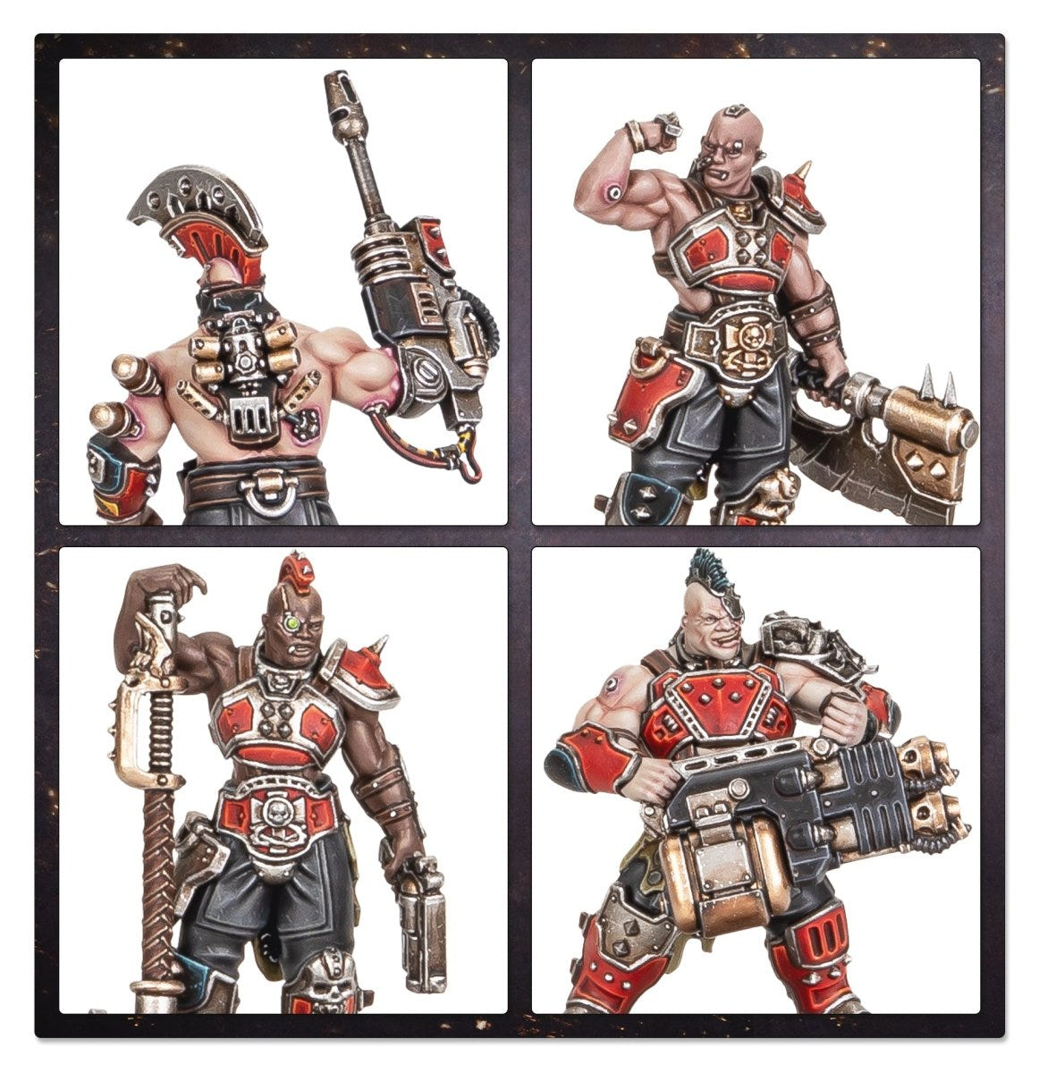 Close-up panels of painted muscular Goliath gangers with mohawks and heavy guns