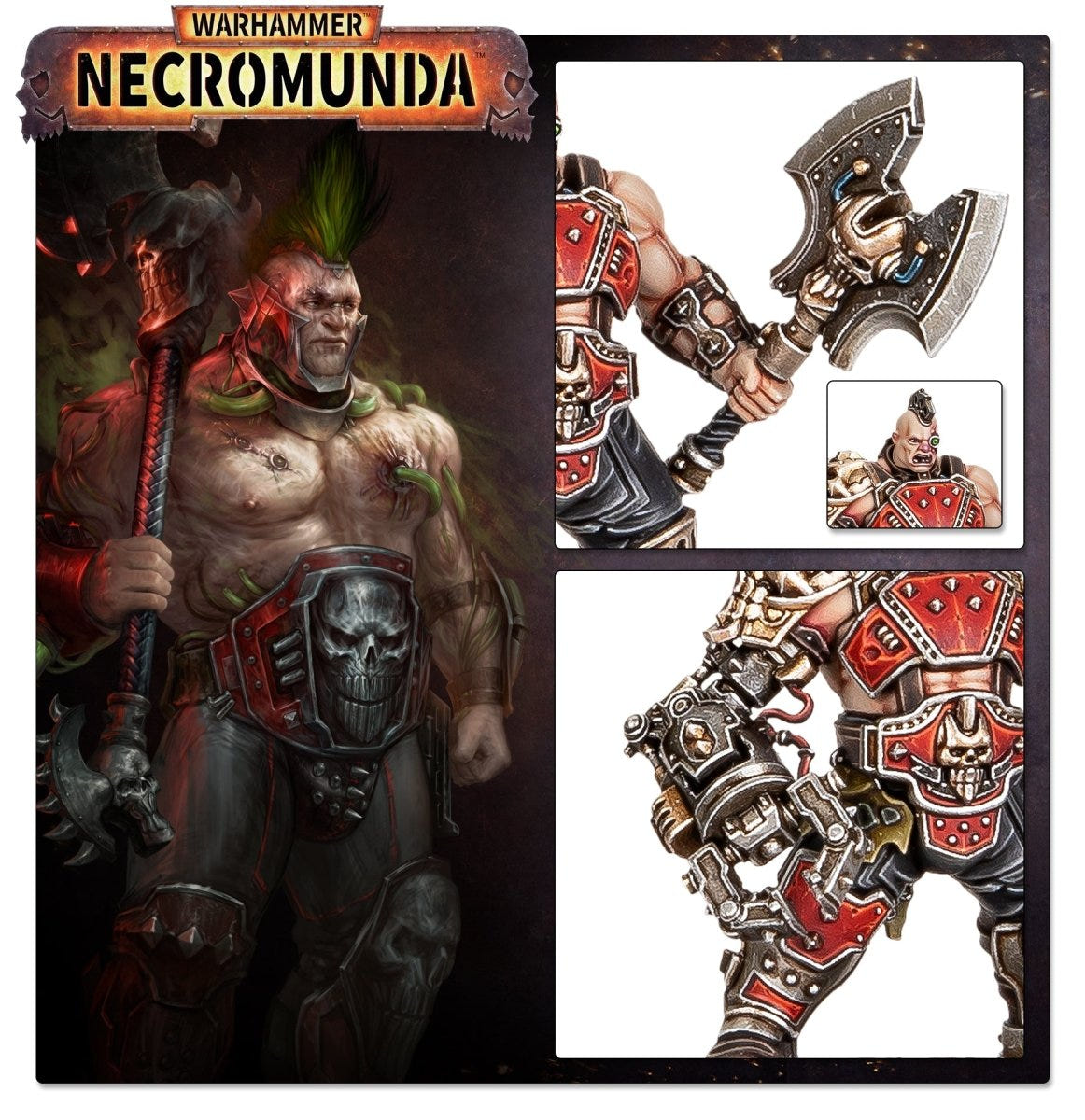 Necromunda Goliath leader artwork with close-ups of painted Forge Bosses and their weapons