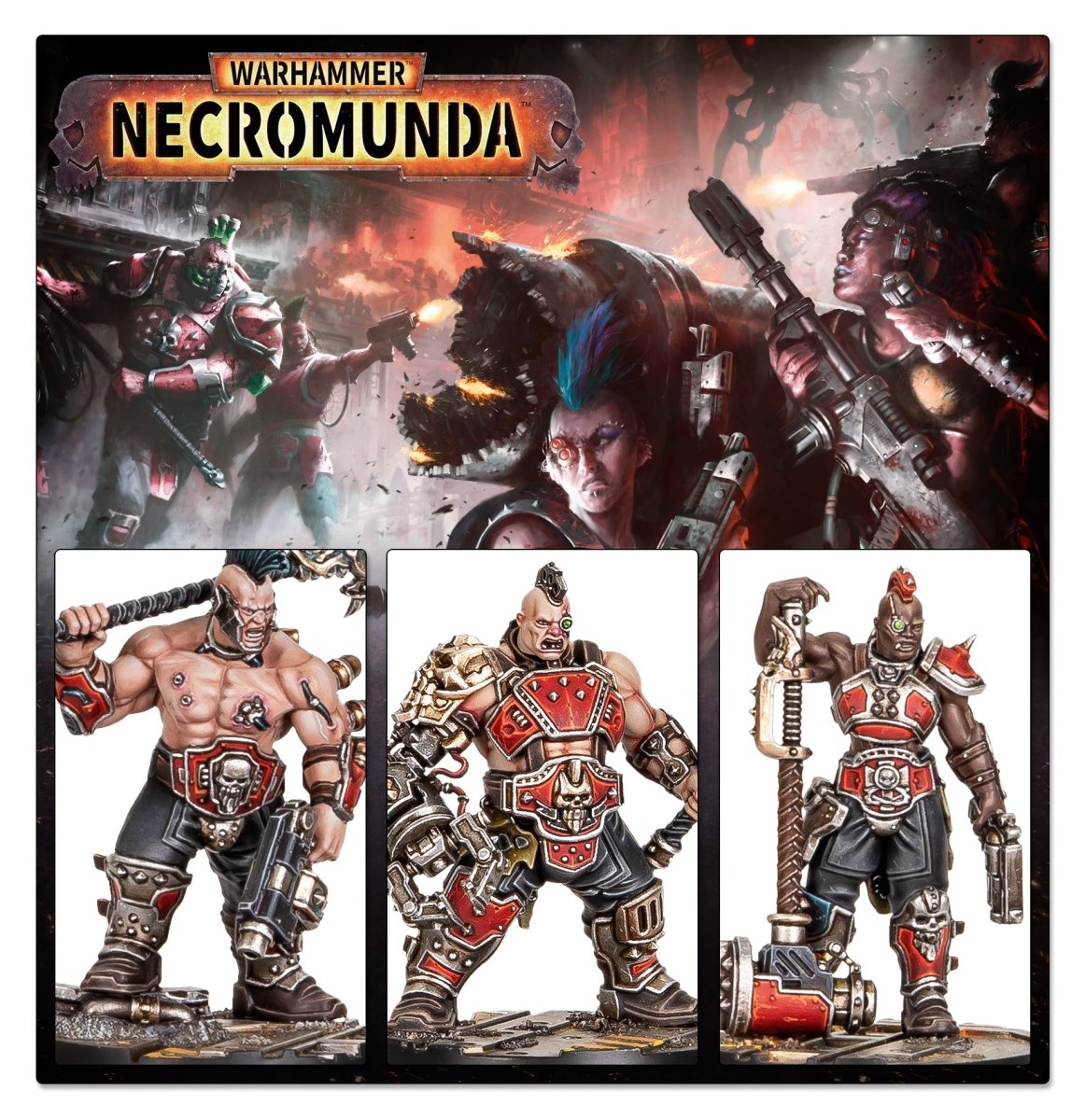 Necromunda gang battle artwork above three painted Goliath Forge Boss miniatures