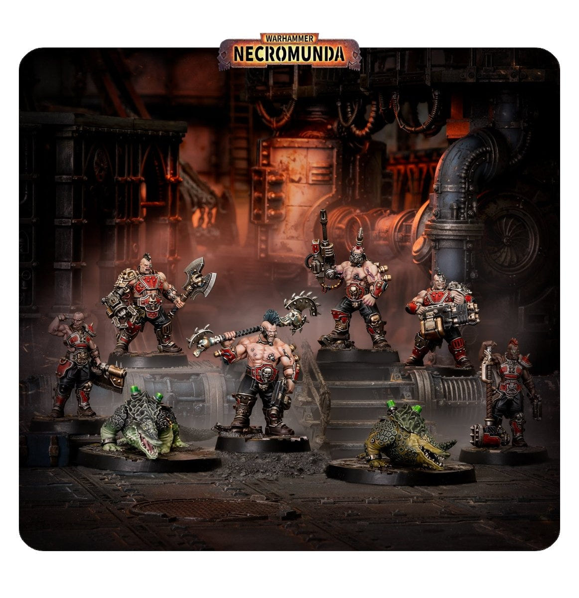 Painted Goliath Forge Bosses and Sumpkrocs posed on an industrial Necromunda set