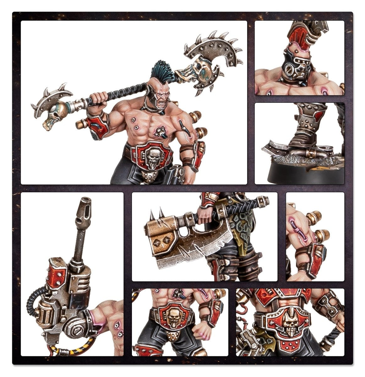 Close-up panels of a Goliath Forge Boss with spiked mace, gauntlet and armour detail