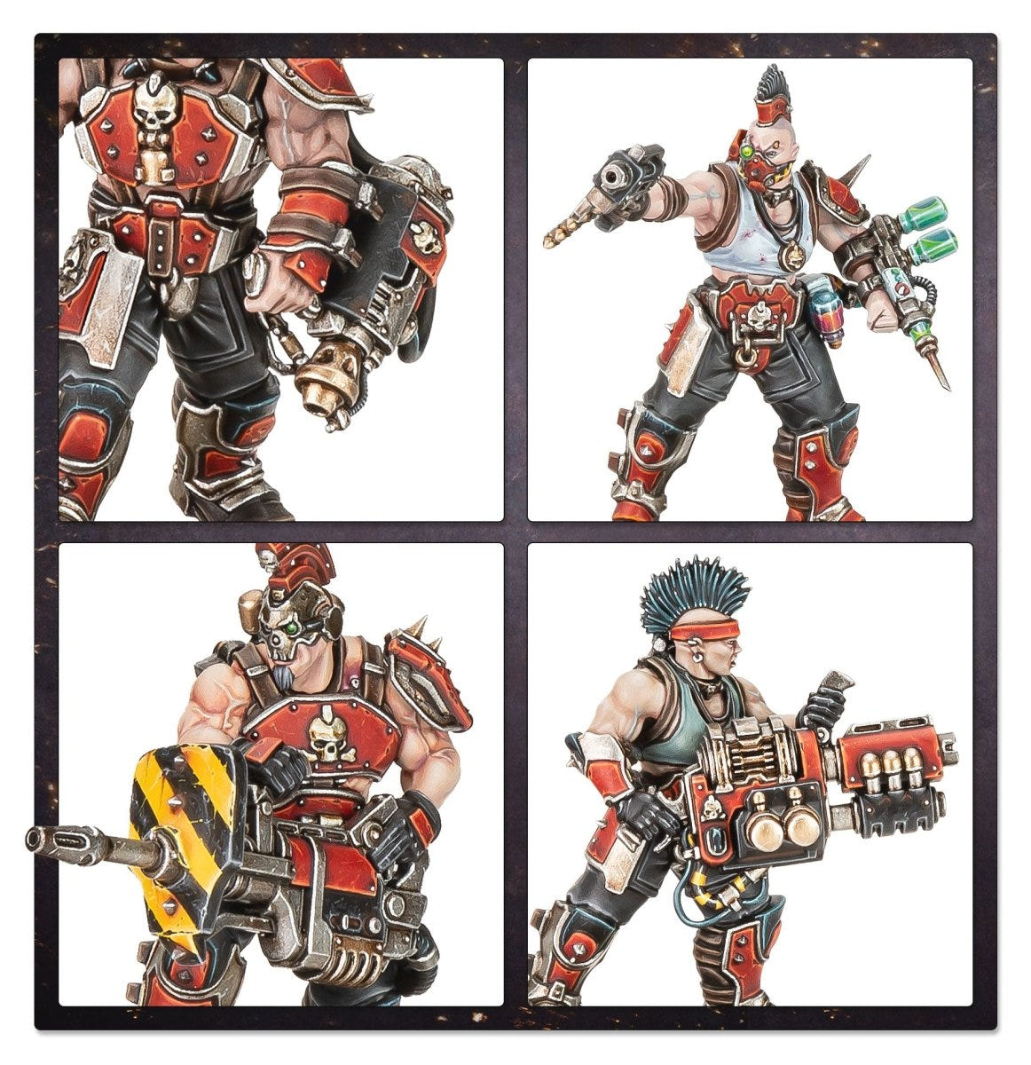 Close-ups of four more painted Necromunda Goliath Forge Smelters gangers and their weapons