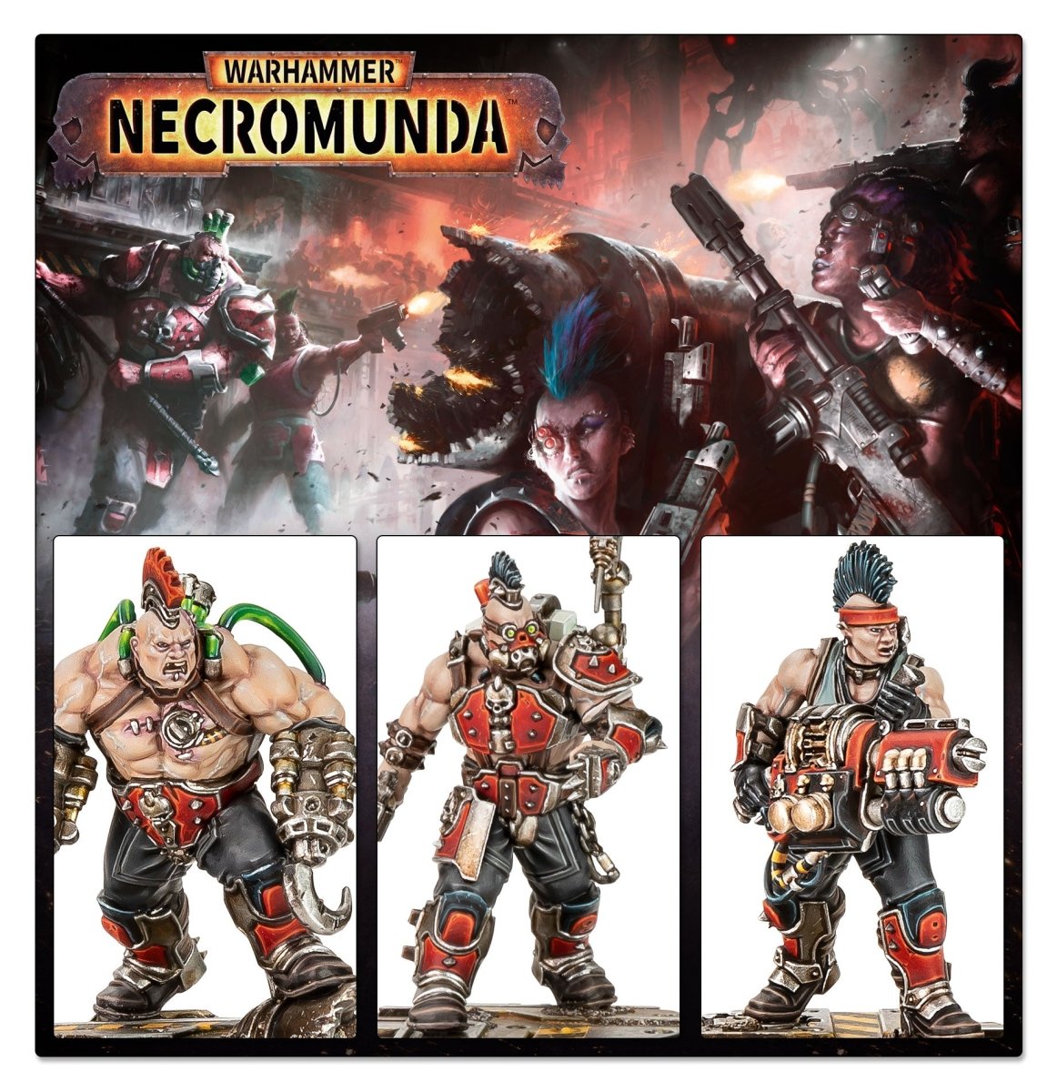 Necromunda Goliath Forge Smelters artwork above three painted Goliath fighters