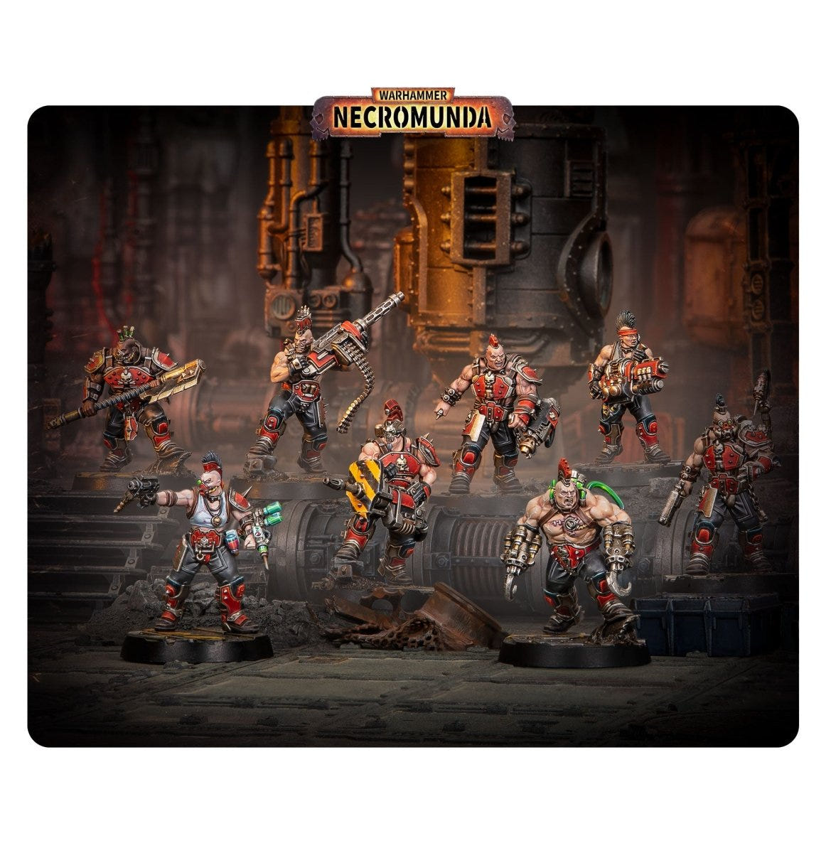 Painted Necromunda Goliath Forge Smelters gang of eight in an underhive forge setting