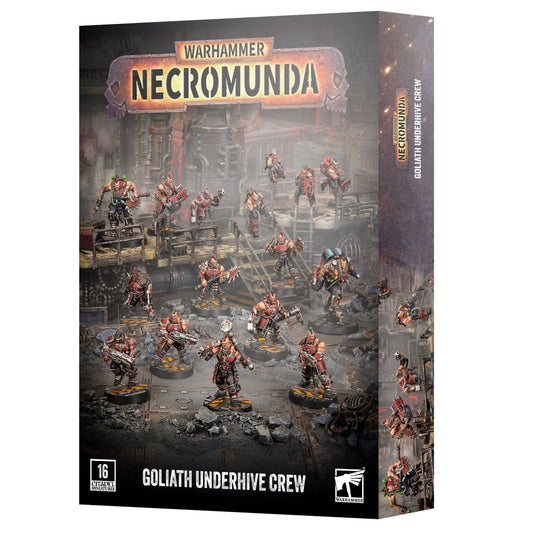 Warhammer Necromunda Goliath Underhive Crew box set, featuring a detailed sci-fi horror illustration of goliath miniatures in a ruined industrial environment.