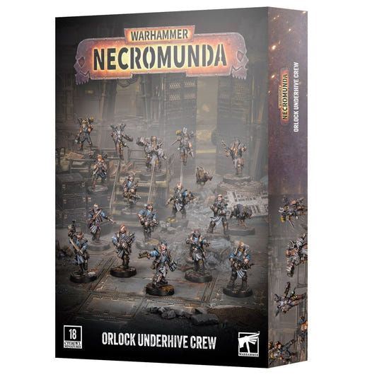 Warhammer Necromunda Orlock Underhive Crew box set, featuring a detailed sci-fi illustration of orlocks on the front cover and spine, with the Warhammer logo at the top.