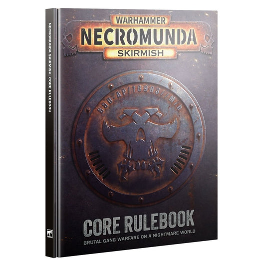 Warhammer Necromunda Skirmish Core Rulebook book cover shown at a slight angle on a plain white background.