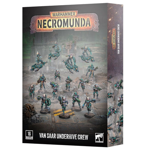 Warhammer 40k Necromunda Van Saar Underhive Crew box set, featuring a detailed sci-fi illustration of miniatures on the front cover and side panel.